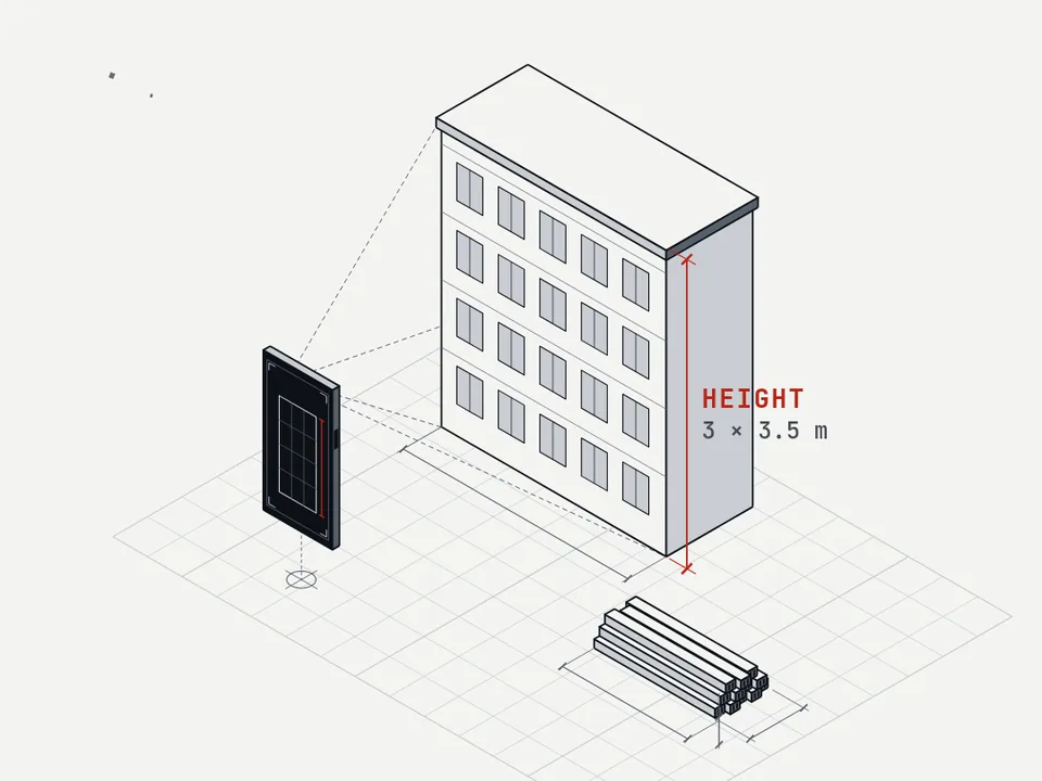 Line drawing of a three-storey building measured from a phone, next to a stack of sorted steel